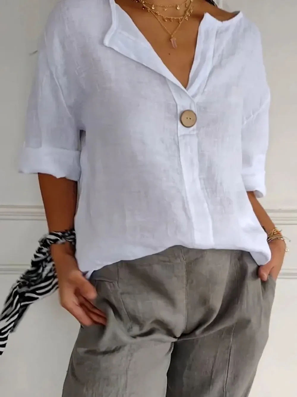 Full Size Linen Blend Notched Blouse Plus Size, image 13