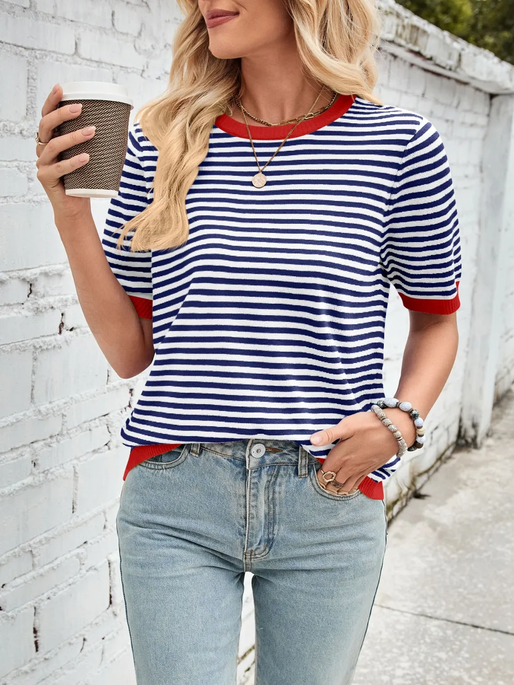 Striped Contrast Round Neck Half Sleeve Knit Top, image 5