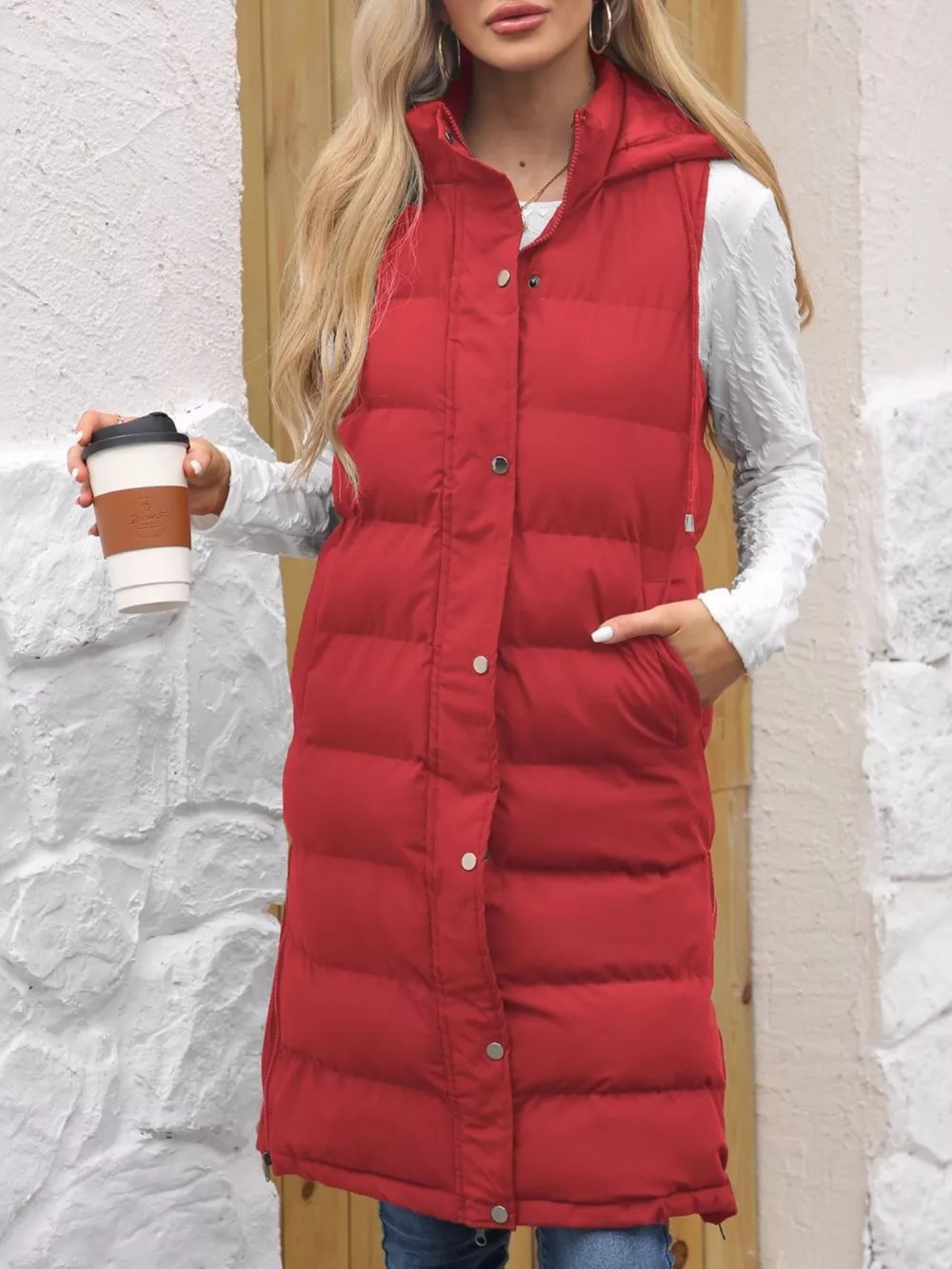 Full Size Snap Down Hooded Padded Longline Vest Coat Plus Size, image 8