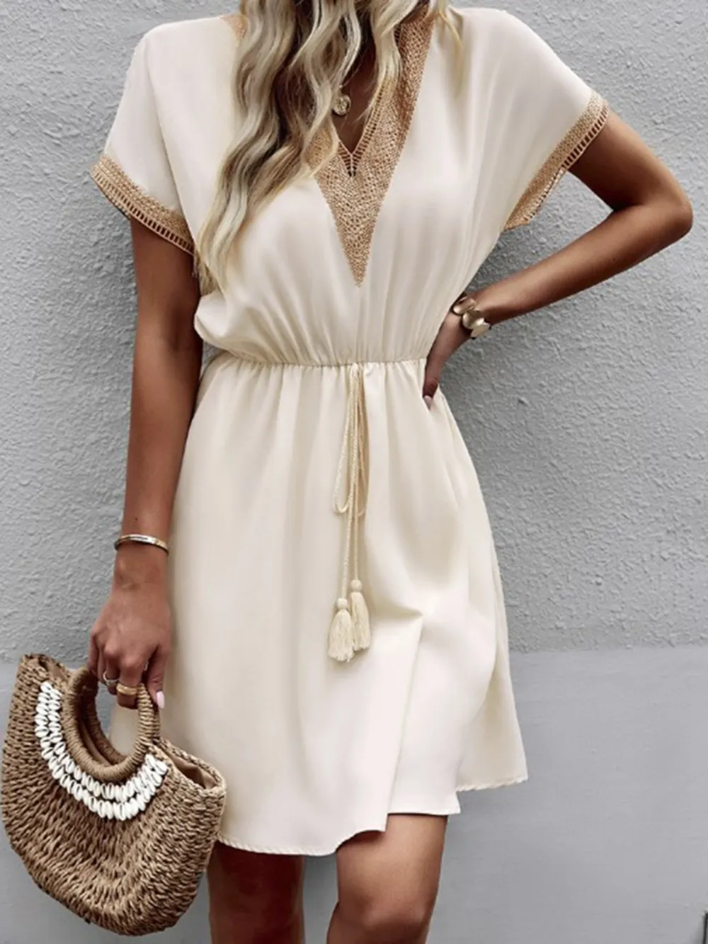 Full Size Tassel V-Neck Short Sleeve Dress Plus Size, image 13
