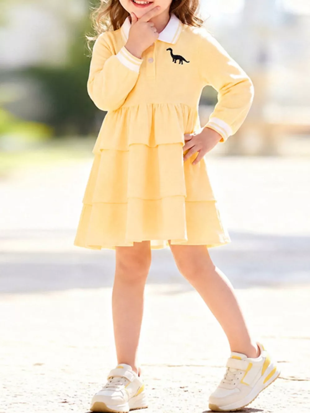 Children's Tiered Dress with Dinosaur Embroidery, image 2
