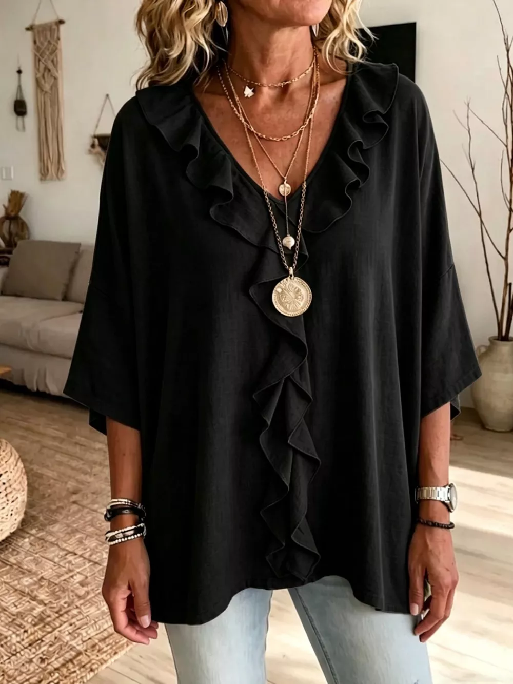 Full Size Ruffle V-Neck 3/4 Sleeve Blouse Plus Size, image 9
