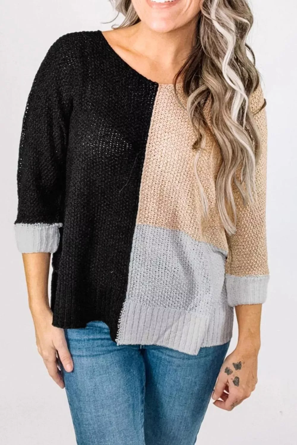 Color Block Knit V Neck Loose Sweater, image 9