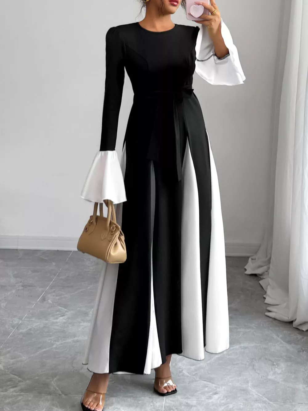 Contrast Round Neck Flare Sleeve Maxi Dress, image 4