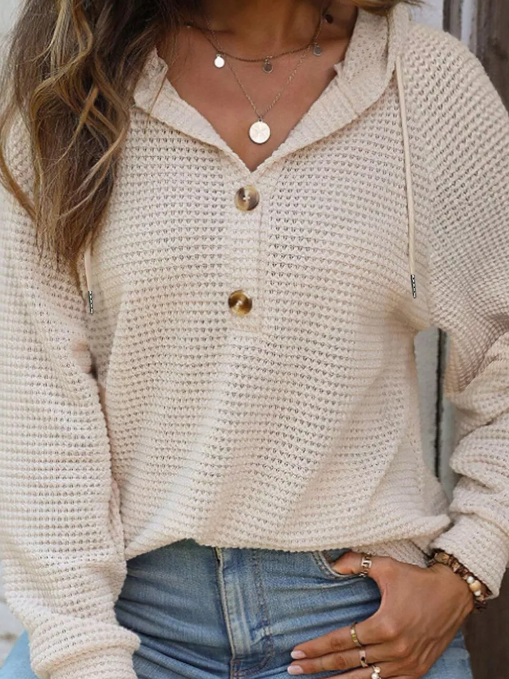 Casual Waffle Knit Button Detail Hoodie, image 6