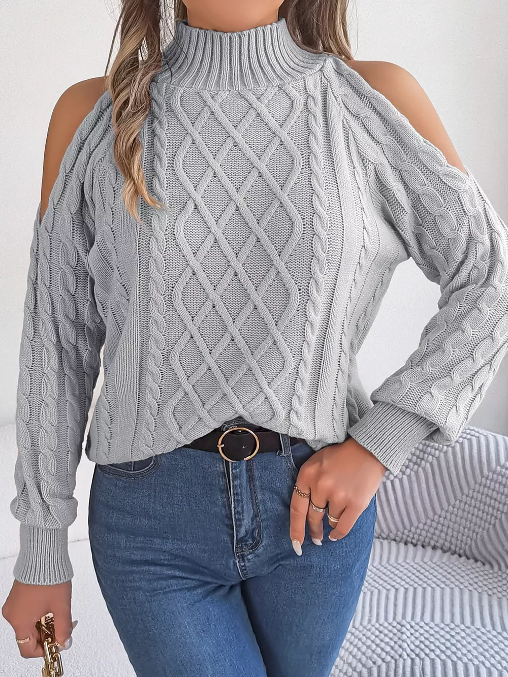 Cable Knit Cold Shoulder Turtleneck Sweater, image 22