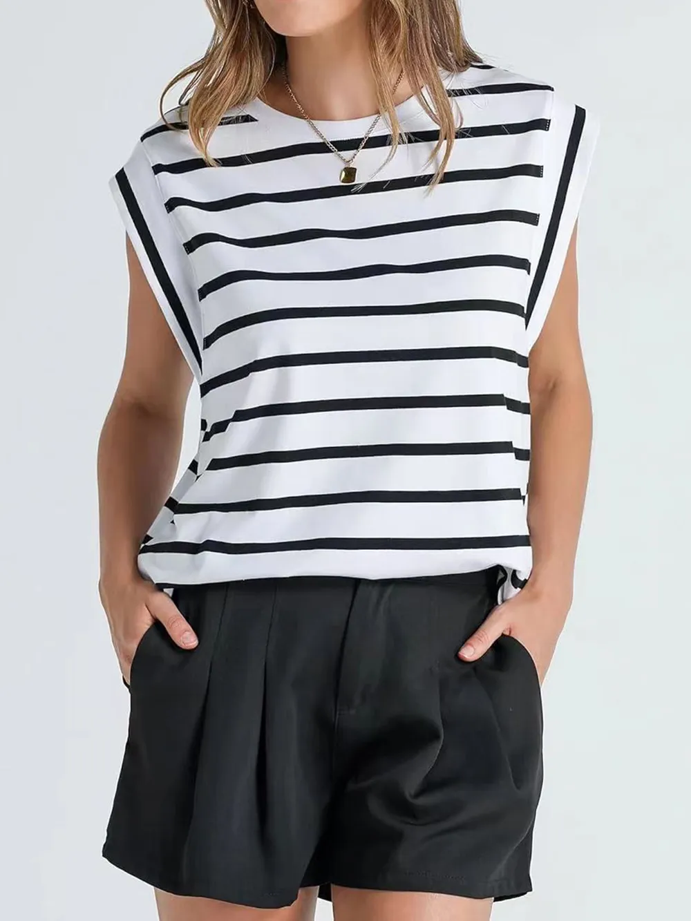 Striped Round Neck Cap Sleeve T-Shirt, image 13