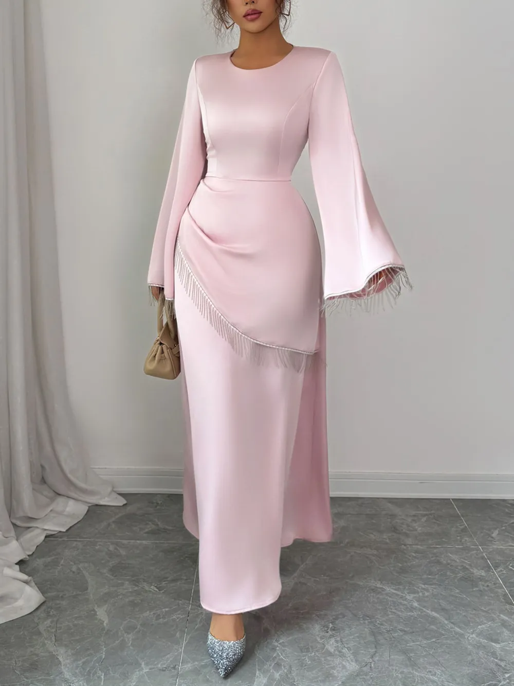Fringe Long Sleeve Bodycon Maxi Dress, image 3