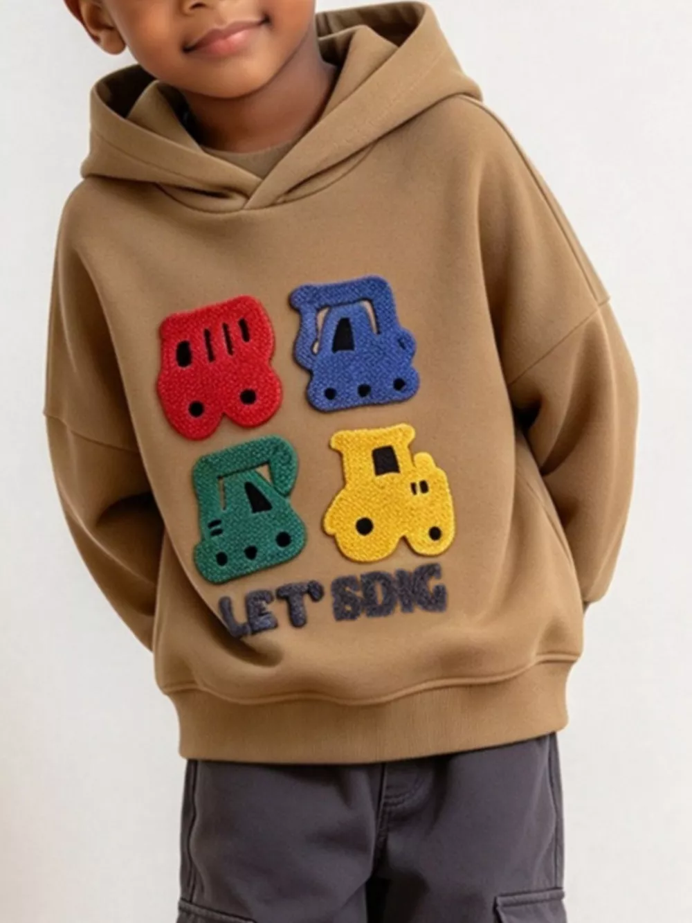 Children's Construction Vehicle Appliques Hoodie