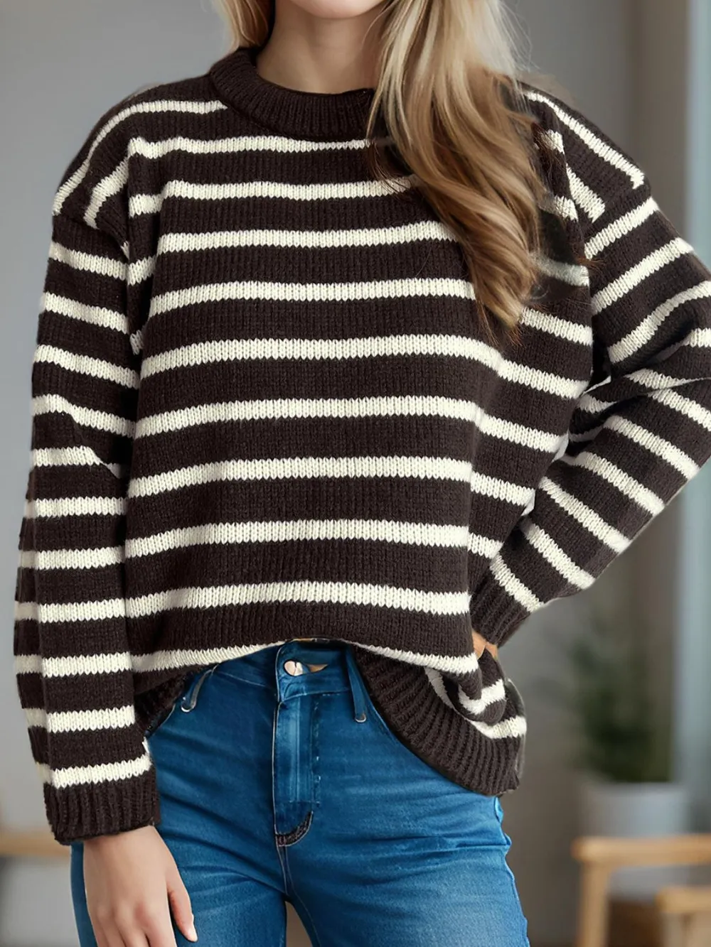 Striped Round Neck Long Sleeve Sweater, image 7