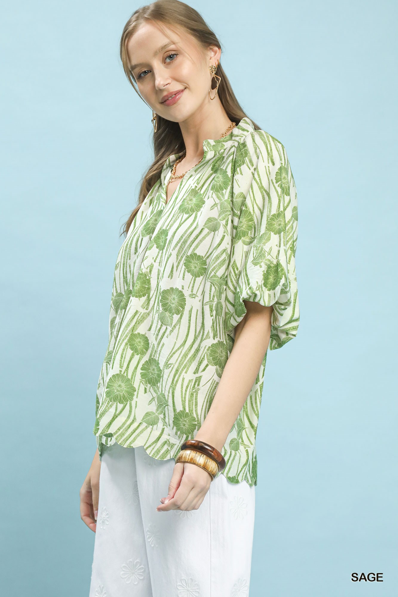 Floral Scalloped Edge Puff Sleeve Blouse with High-Low Curved Hem, image 2