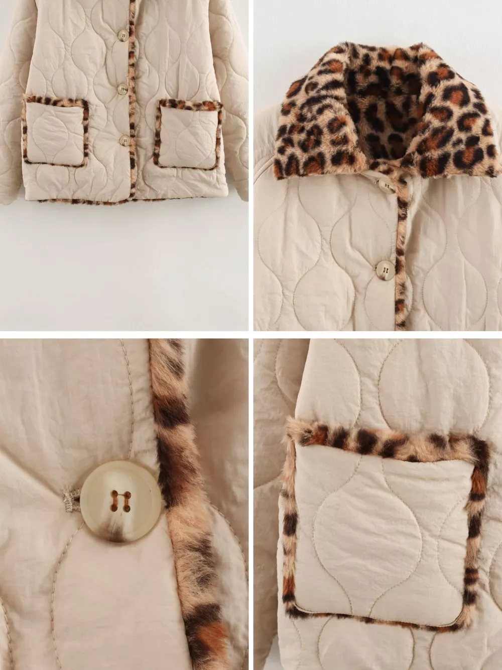 Leopard Faux Fur Trim Quilted Jacket, image 3