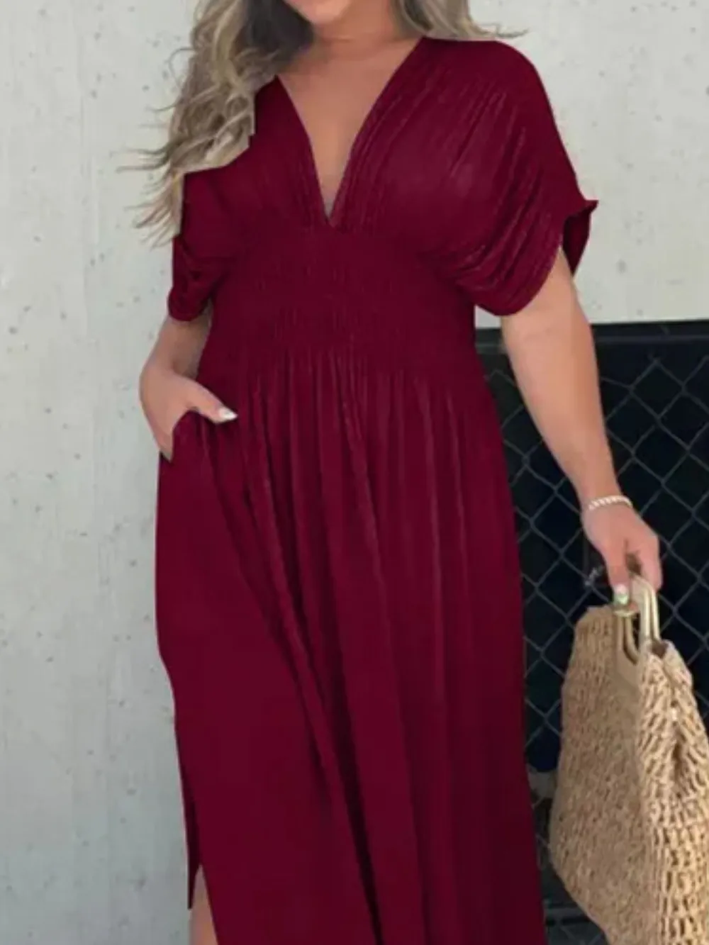 Full Size Deep V-Neck Maxi Dress with Side Slit Plus Size, image 6