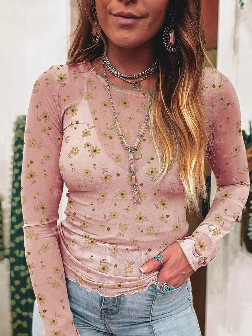 Floral Print Long Sleeve Mesh Blouse, image 4