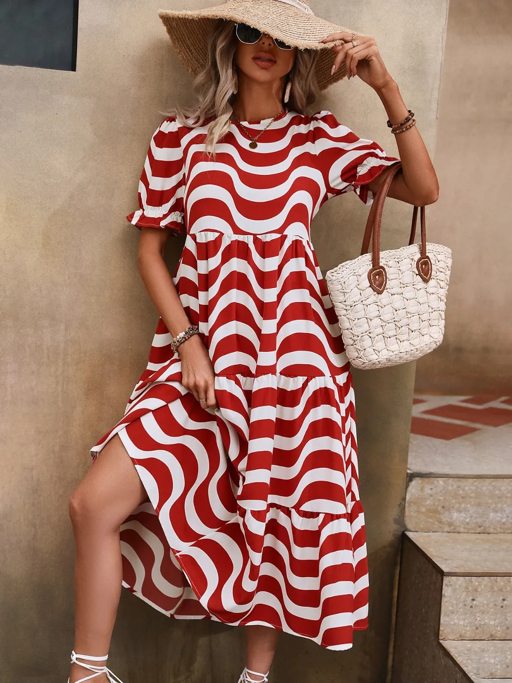 Wavy Striped Round Neck Short Sleeve Dress, image 16