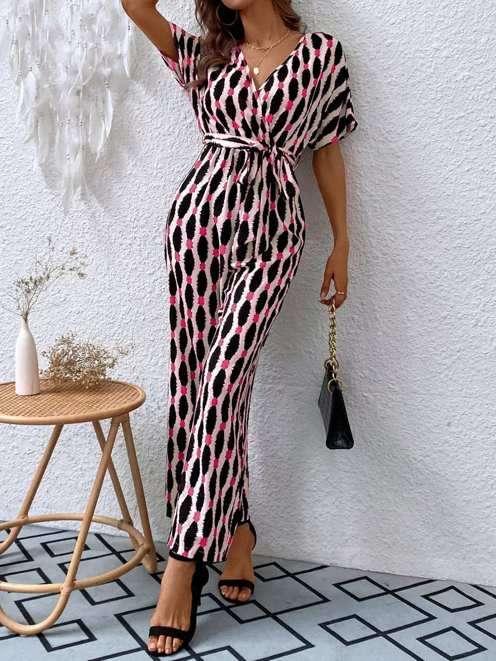 Printed Surplice Tie Waist Short Sleeve Jumpsuit, image 16