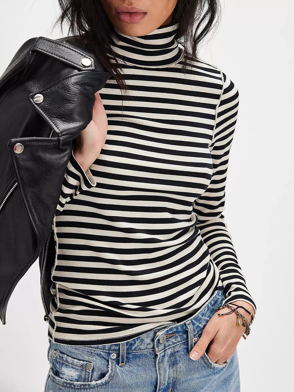 Exposed Seam Striped Turtleneck Long Sleeve T-Shirt, image 2