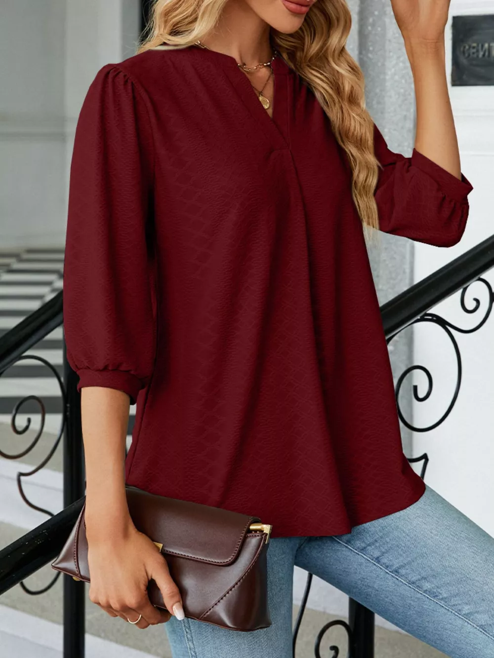 Notched 3/4 Sleeve Casual Top, image 25