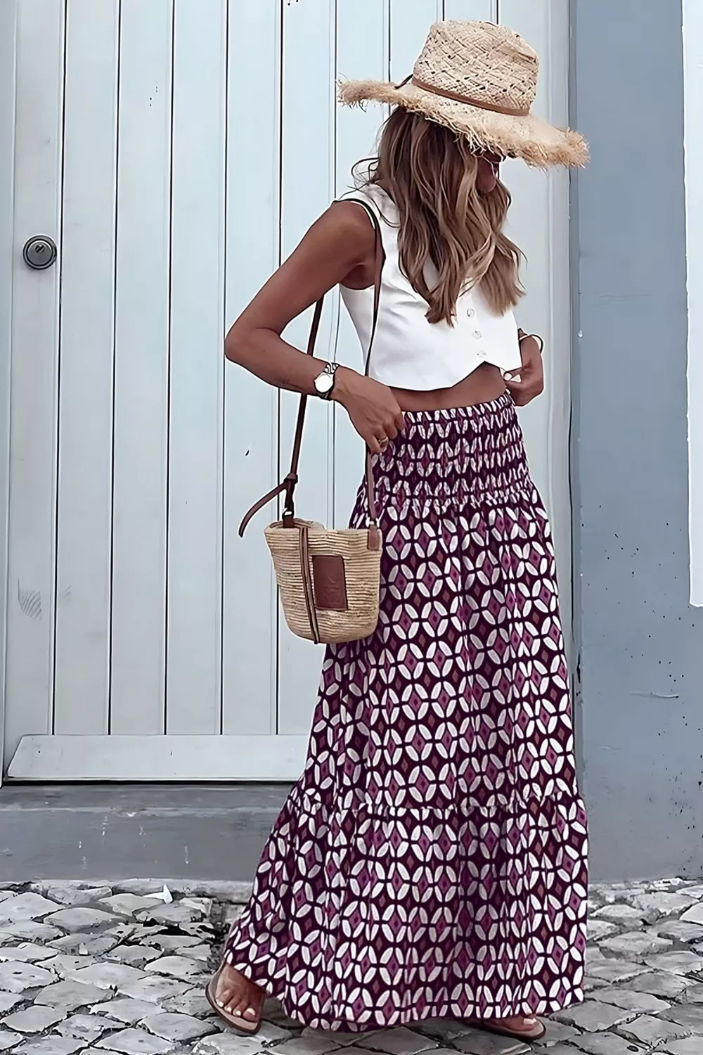Geometric Print Smocked Waist Maxi Skirt, image 4