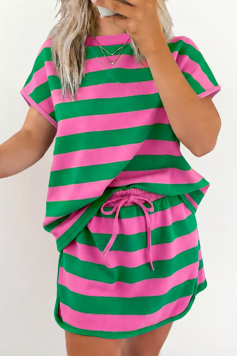 Striped Casual Tee and Skirt Two-Piece Set