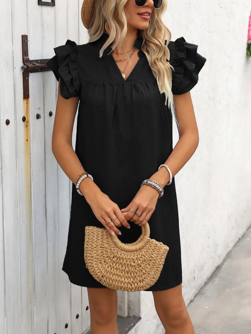 Ruffled Notched Cap Sleeve Mini Dress, image 20