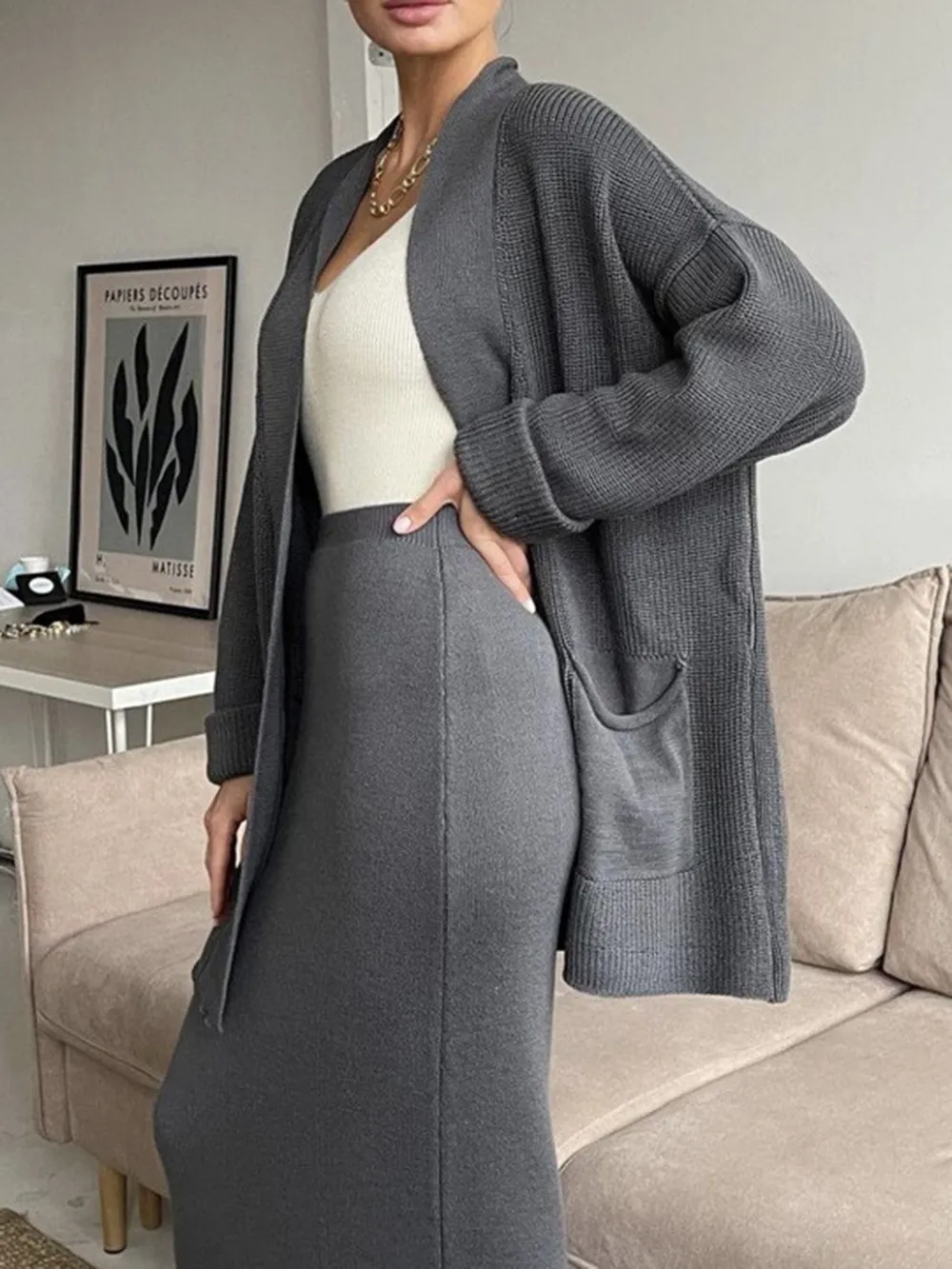 Pocketed Long Sleeve Cardigan and Skirt Sweater Set, image 20