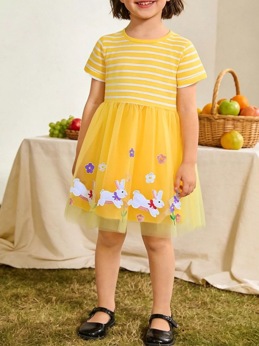 Children's Bunny & Floral Striped Tulle Dress