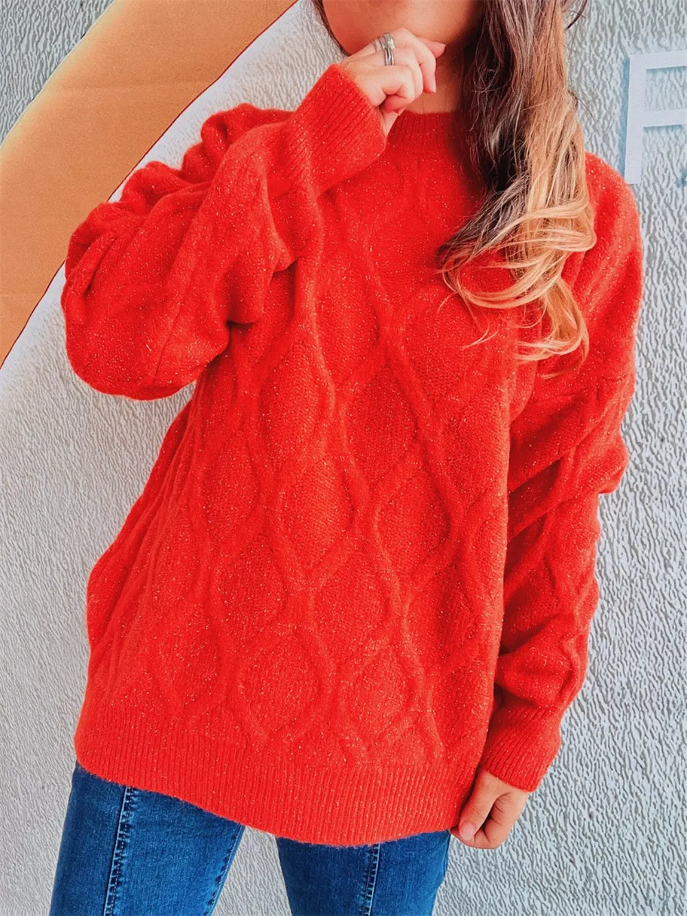 Diamond Round Neck Long Sleeve Sweater, image 19