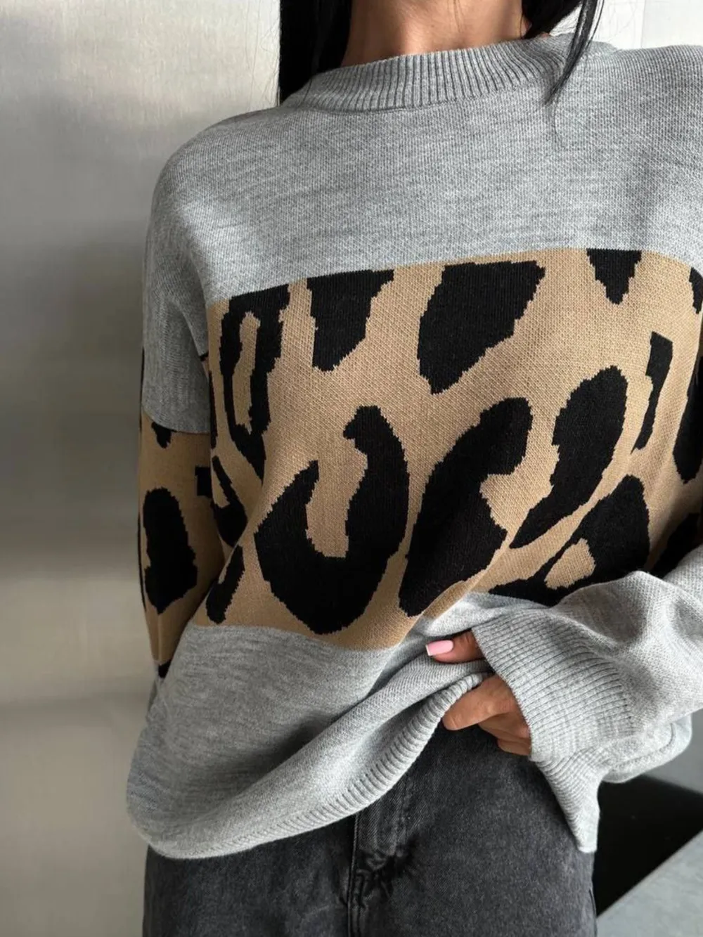 Leopard Color Block Round Neck Sweater, image 15