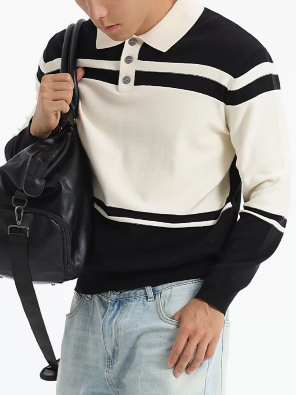 Men's Plus Size Color-Block Striped Polo Collar Sweater, image 8