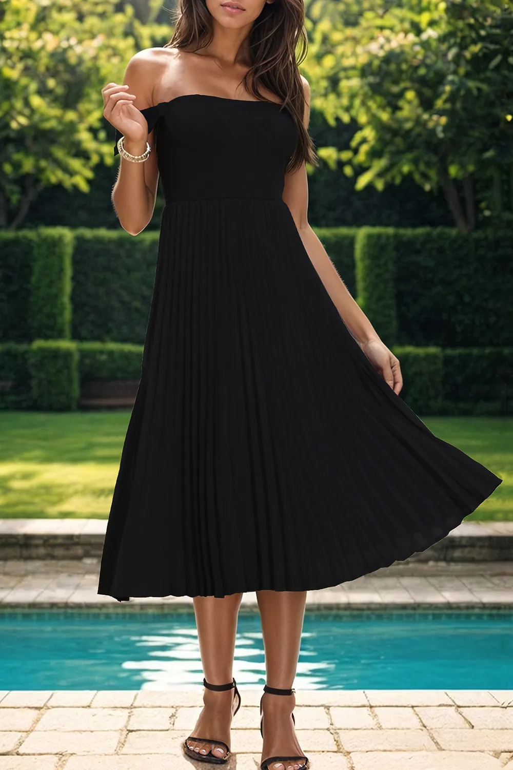 Pleated Off-Shoulder Midi Dress, image 3