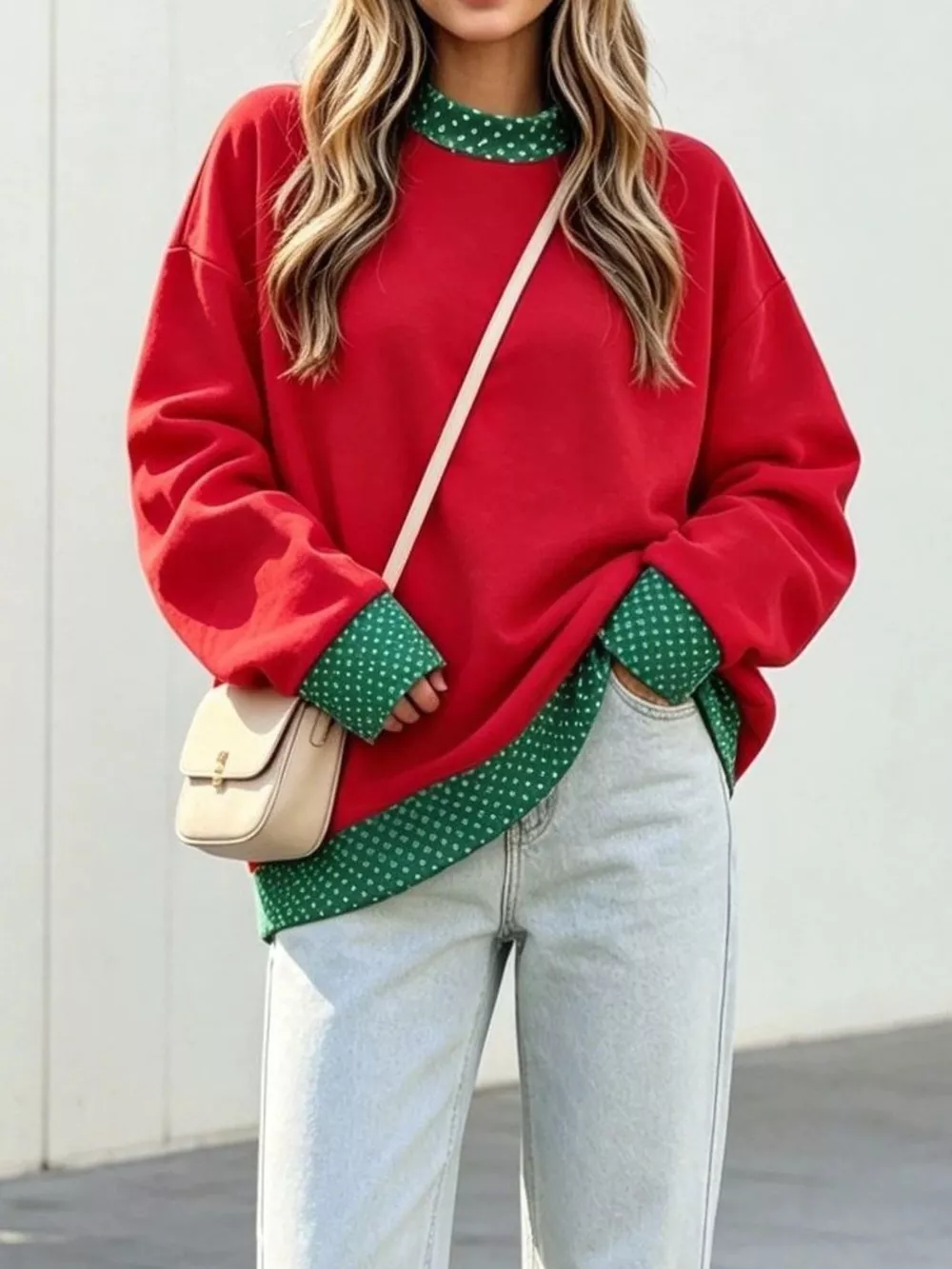 Polka Dot Contrast Trim Dropped Shoulder Sweatshirt, image 2