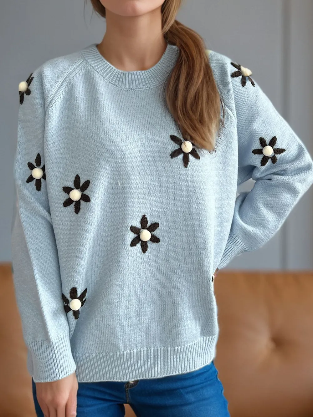 Flower Round Neck Raglan Sleeve Sweater, image 17