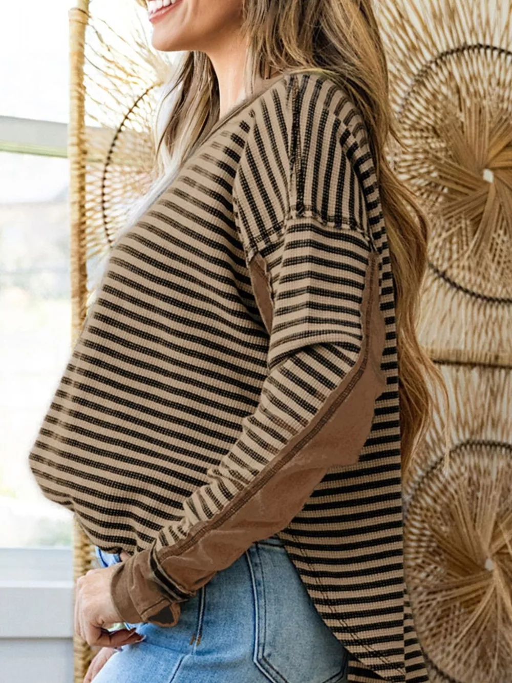Stripe Thermal Knit Drop Shoulder Casual Top, image 3