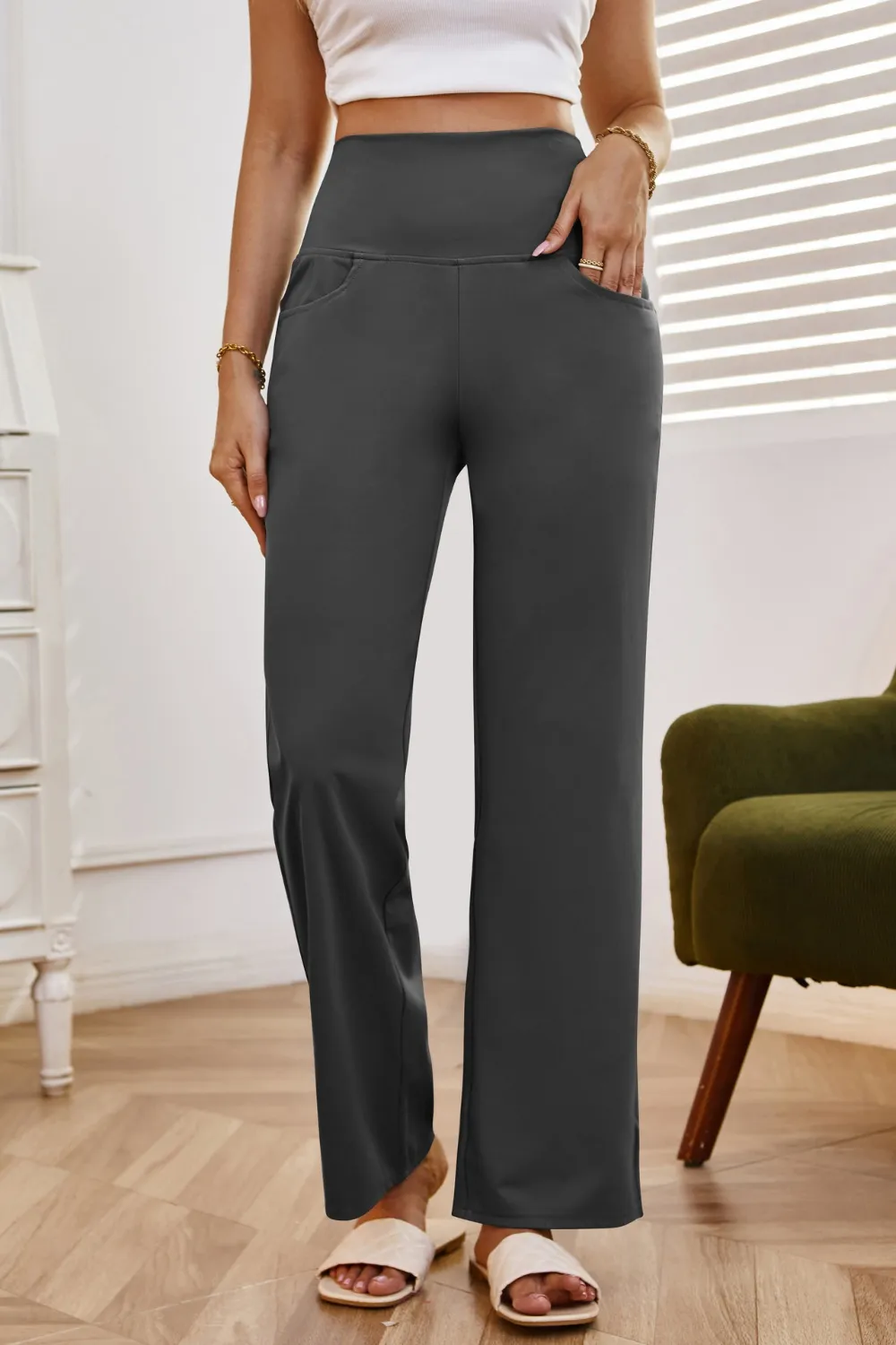High Waist Wide Leg Pants with Pockets, image 19