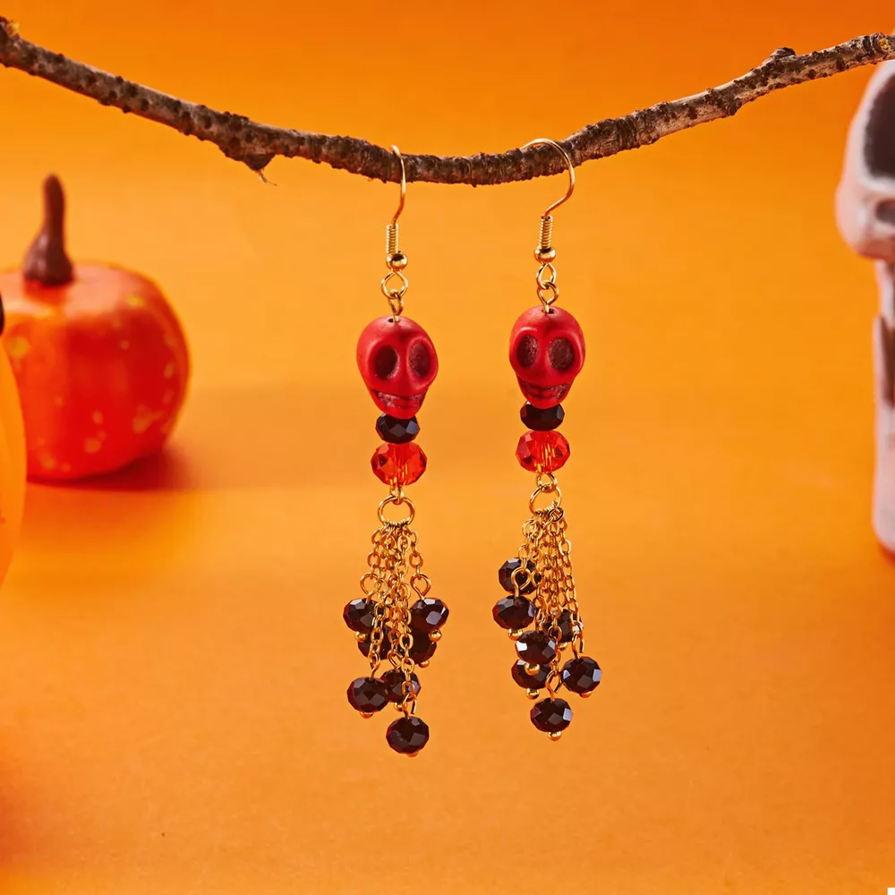 Halloween Skull Beaded Drop Earrings, image 4