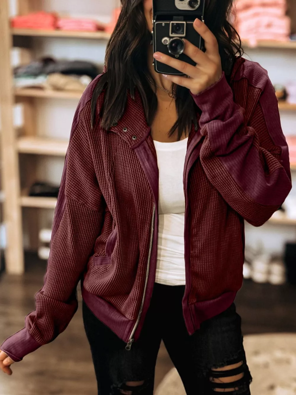 Waffle Zip Up Hooded Jacket with Pockets, image 5