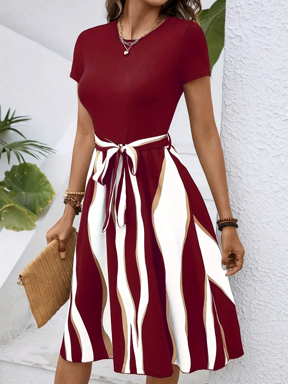 Striped Short Sleeve Tie Waist Dress, image 7