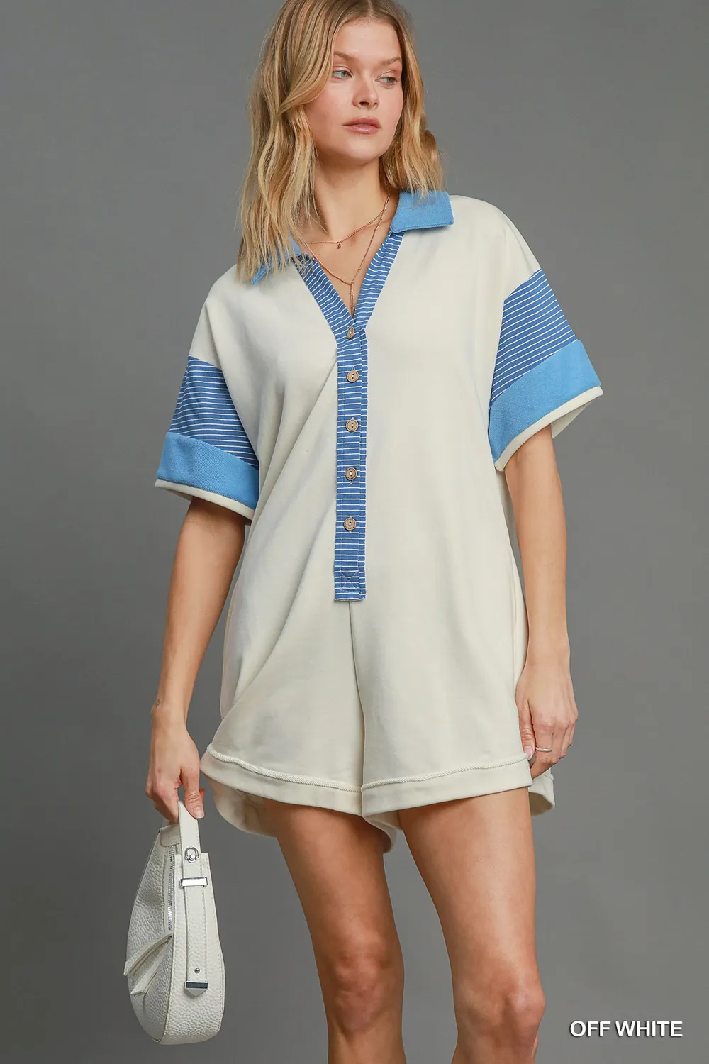 French Terry Collared Colorblock Romper