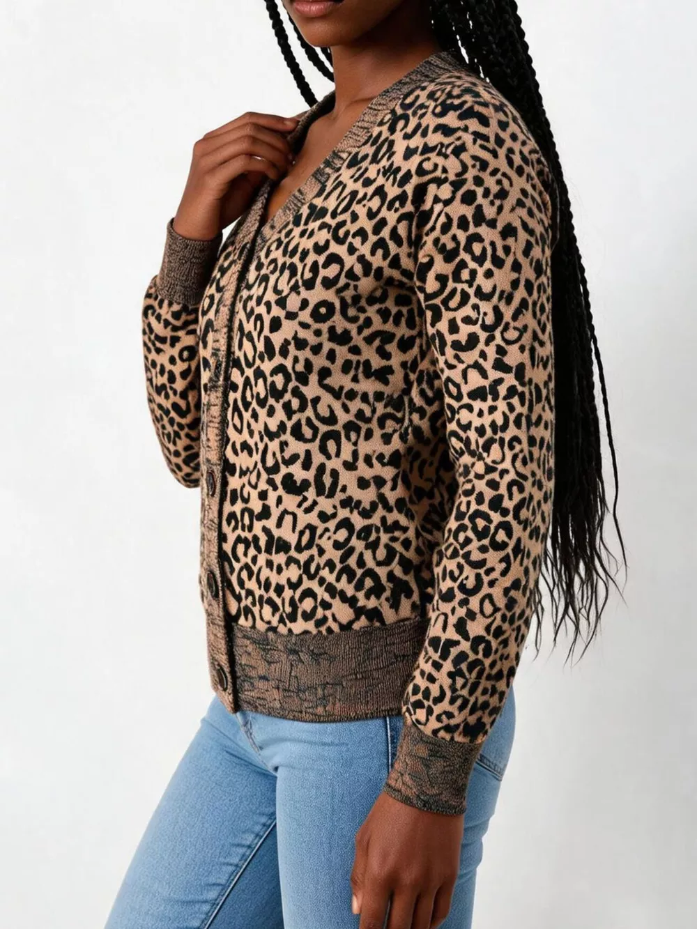 Leopard V-Neck Button-Down Cardigan, image 4