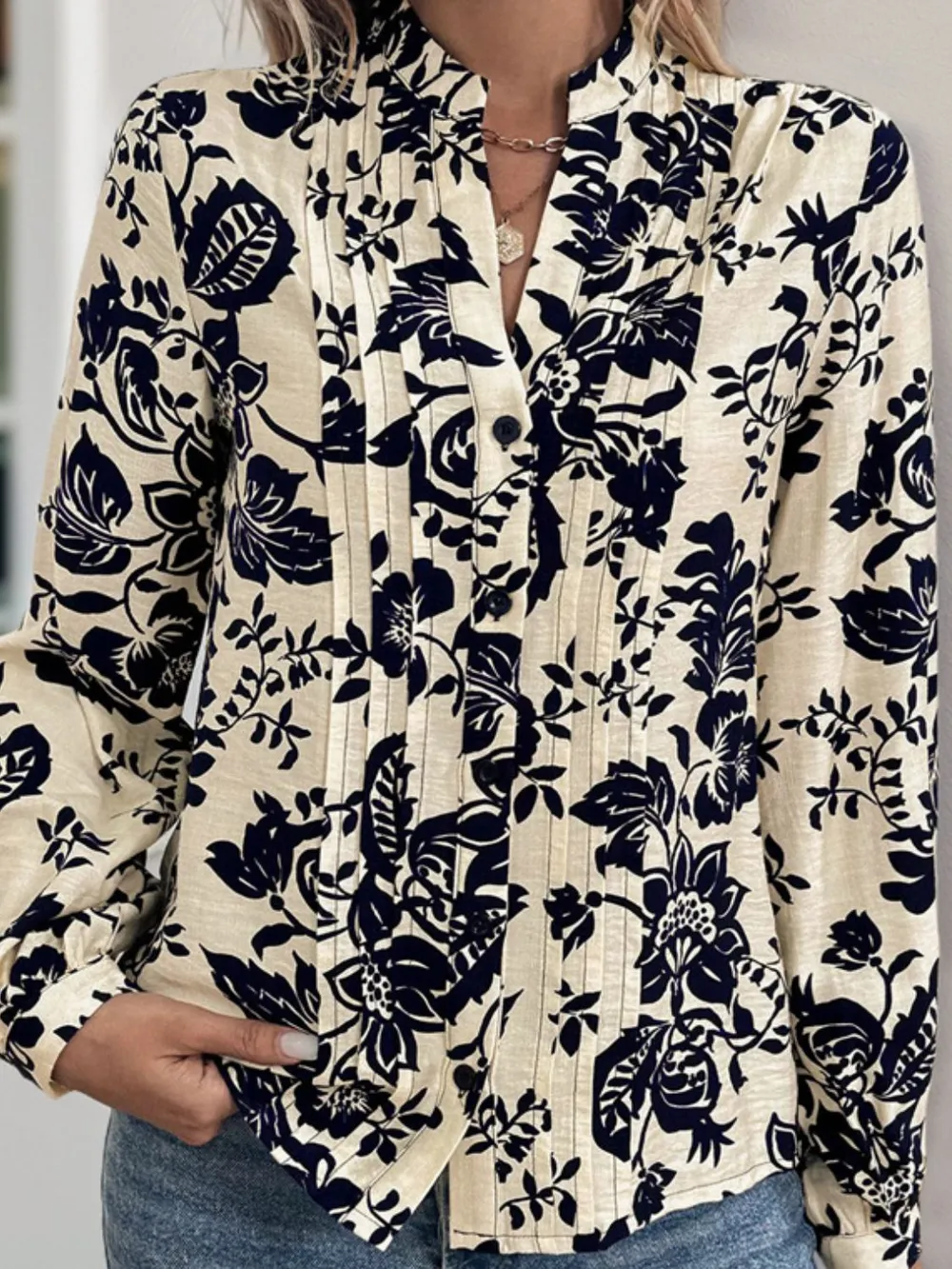 Printed Notched Long Sleeve Shirt, image 5