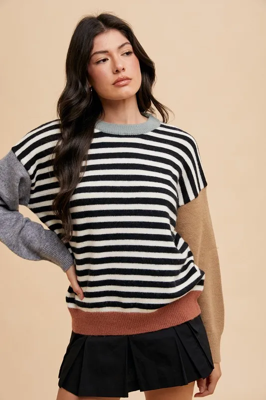 Striped Color Block Round Neck Sweater, image 3