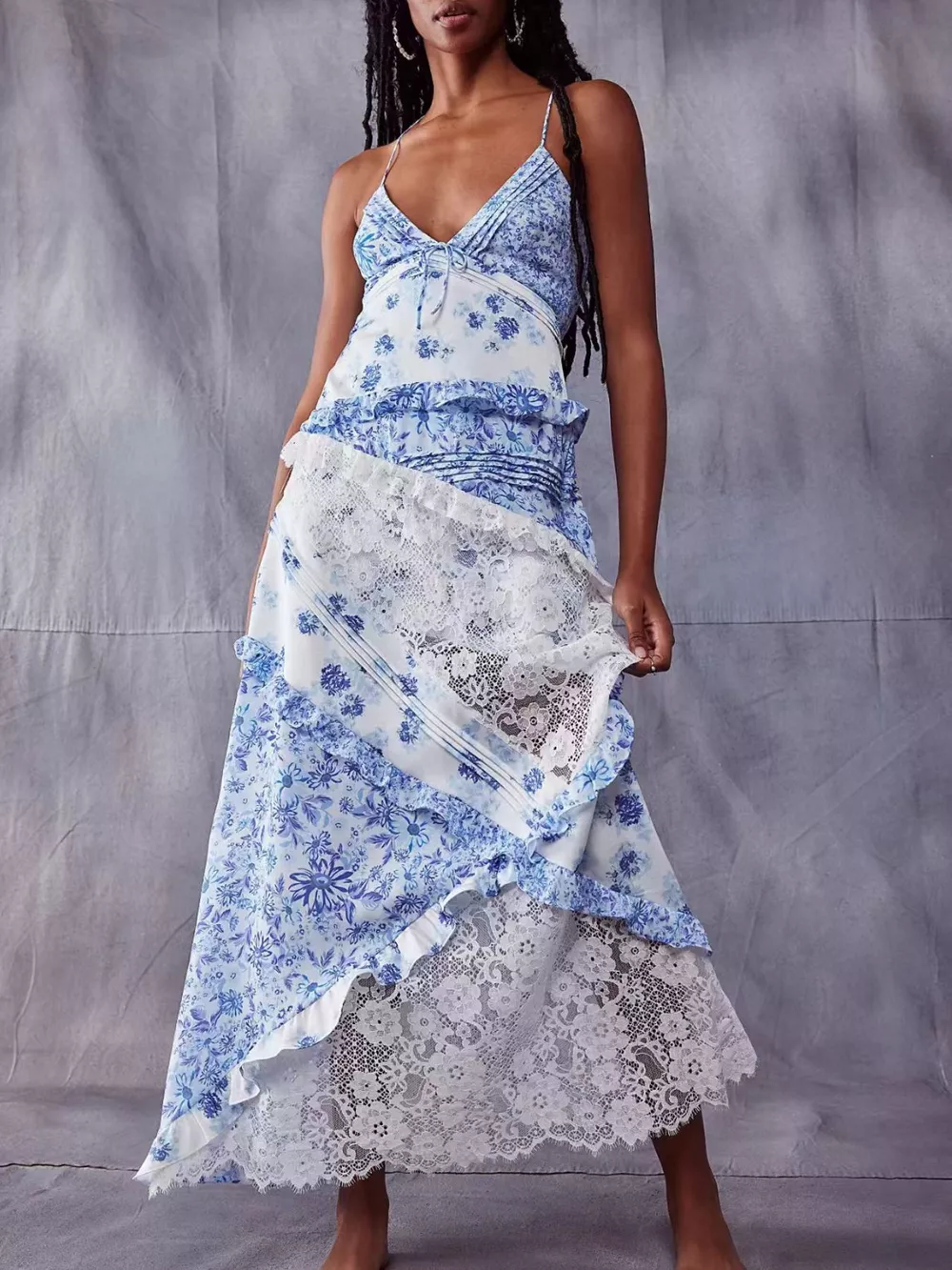 Lace Floral Print Ruffle Trim Maxi Dress, image 5
