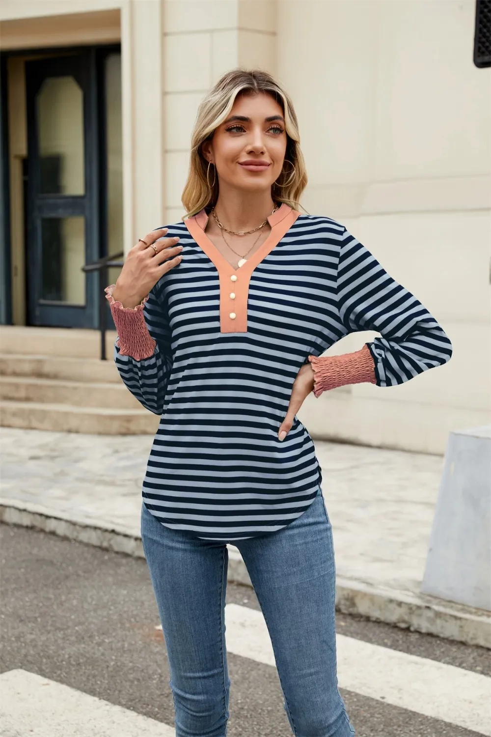 Contrast Striped Notched Long Sleeve Top, image 18