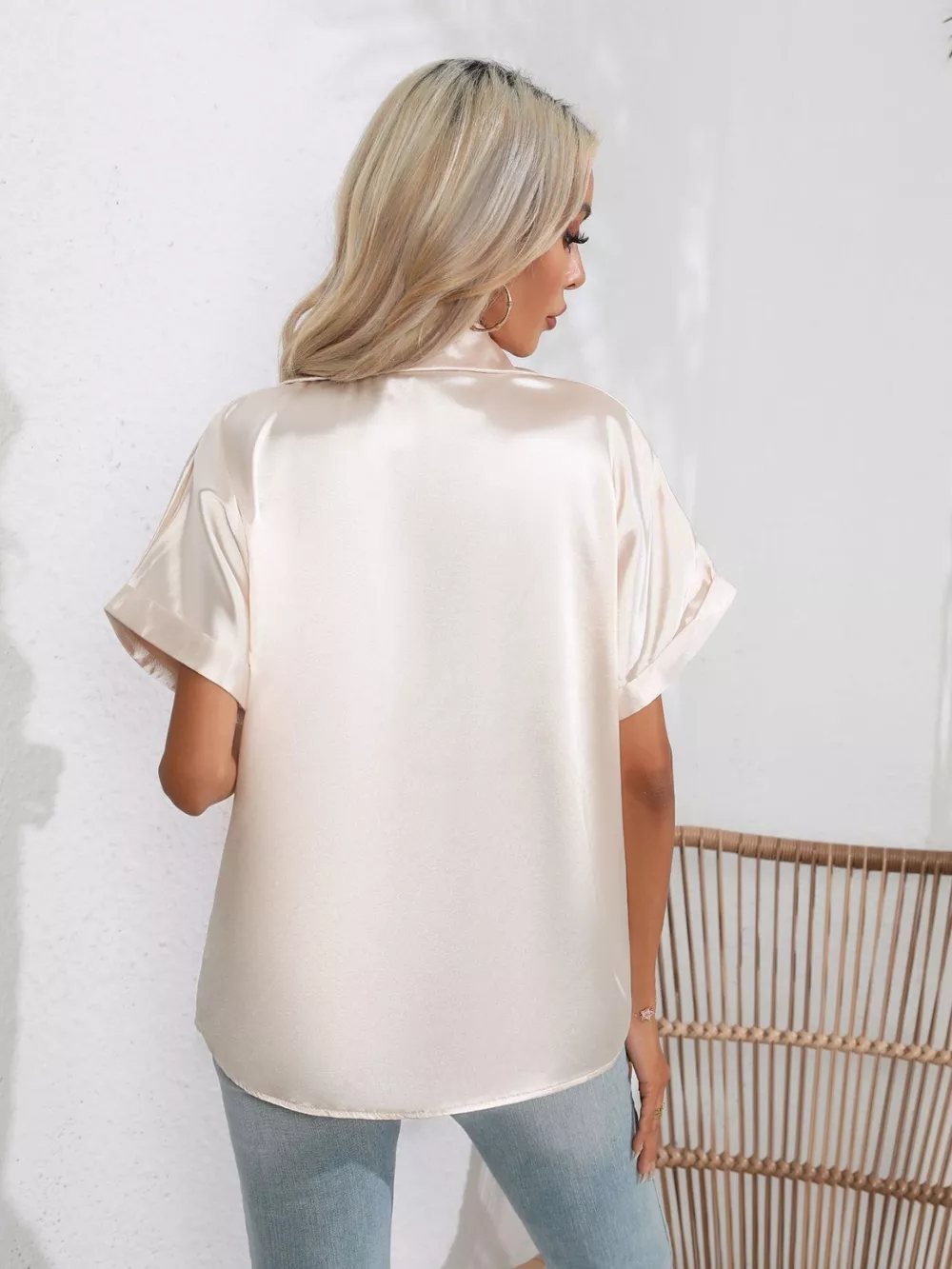 Button Down Collared Neck Short Sleeve Satin Shirt, image 28