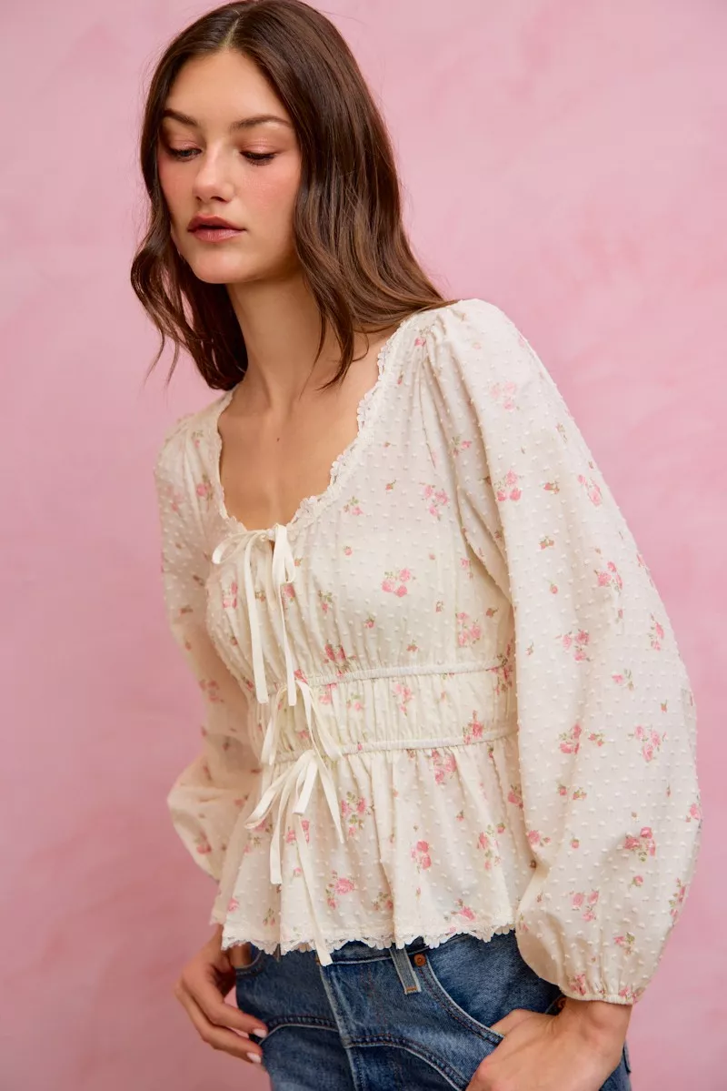 Floral Clip Dot Lace Trim Ruched Bodice Blouse, image 20