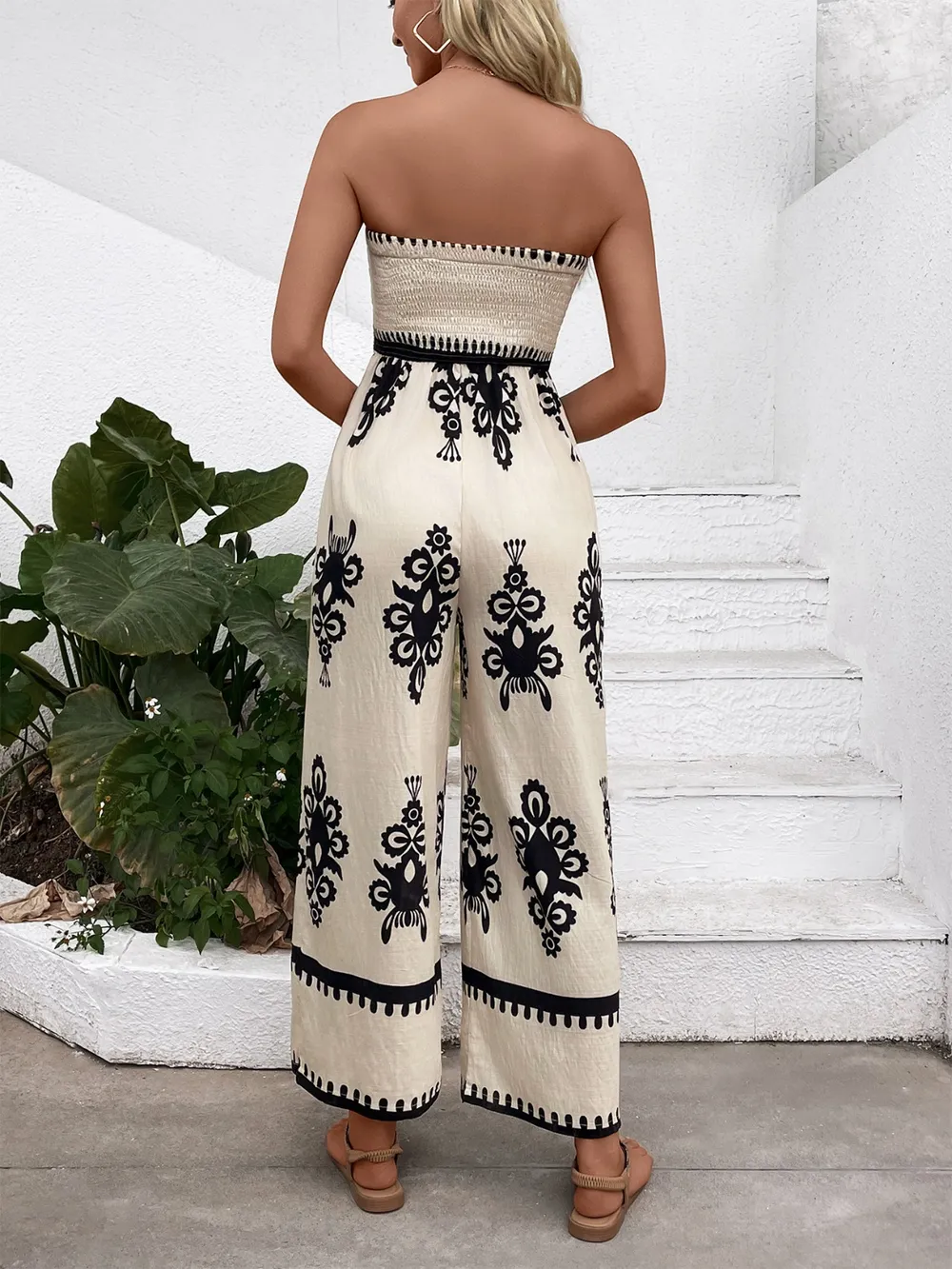 Smocked Printed Wide Leg Jumpsuit, image 4