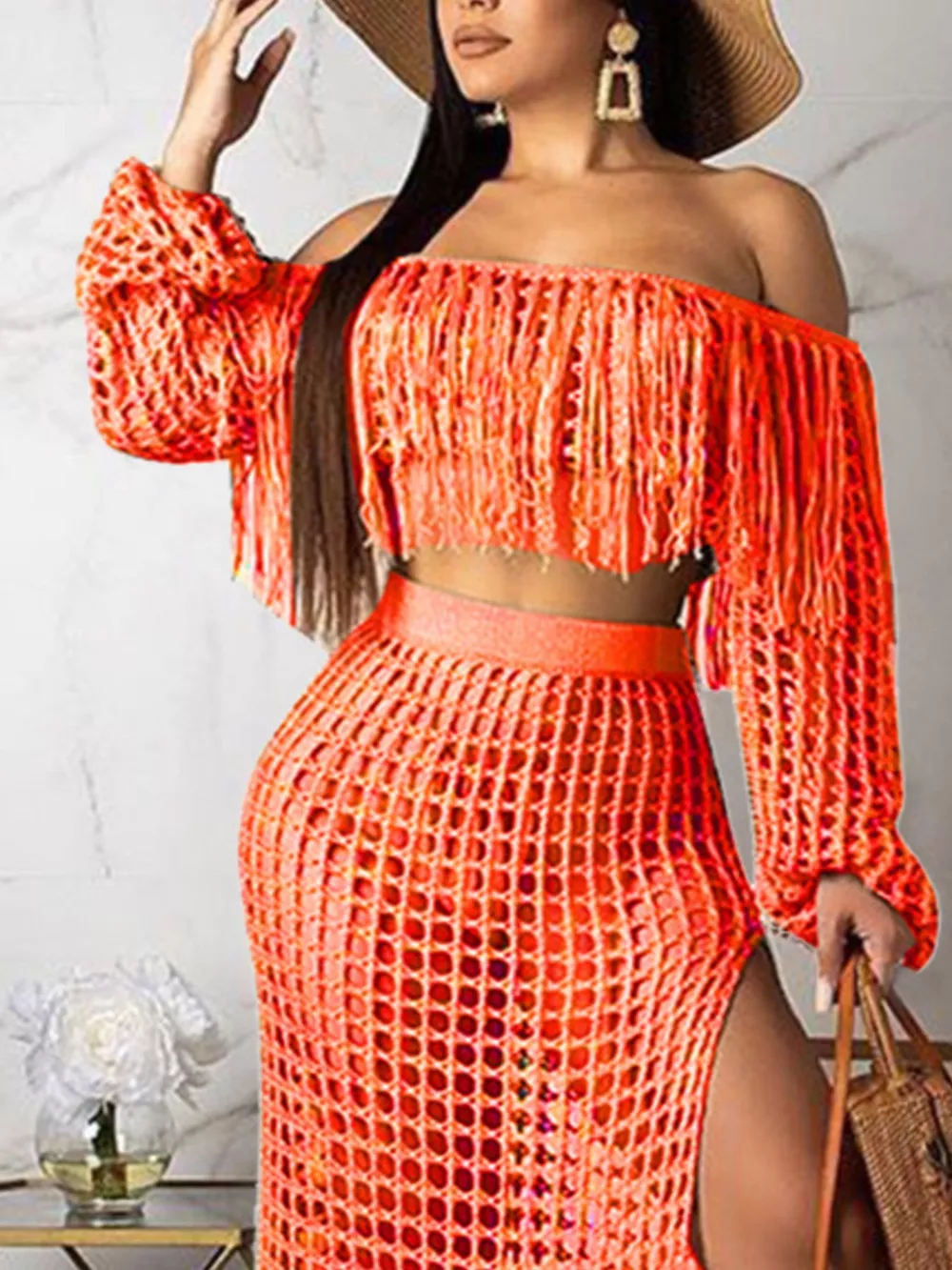 Full Size Crochet Off-Shoulder Fringe Top and Skirt Set Plus Size, image 8