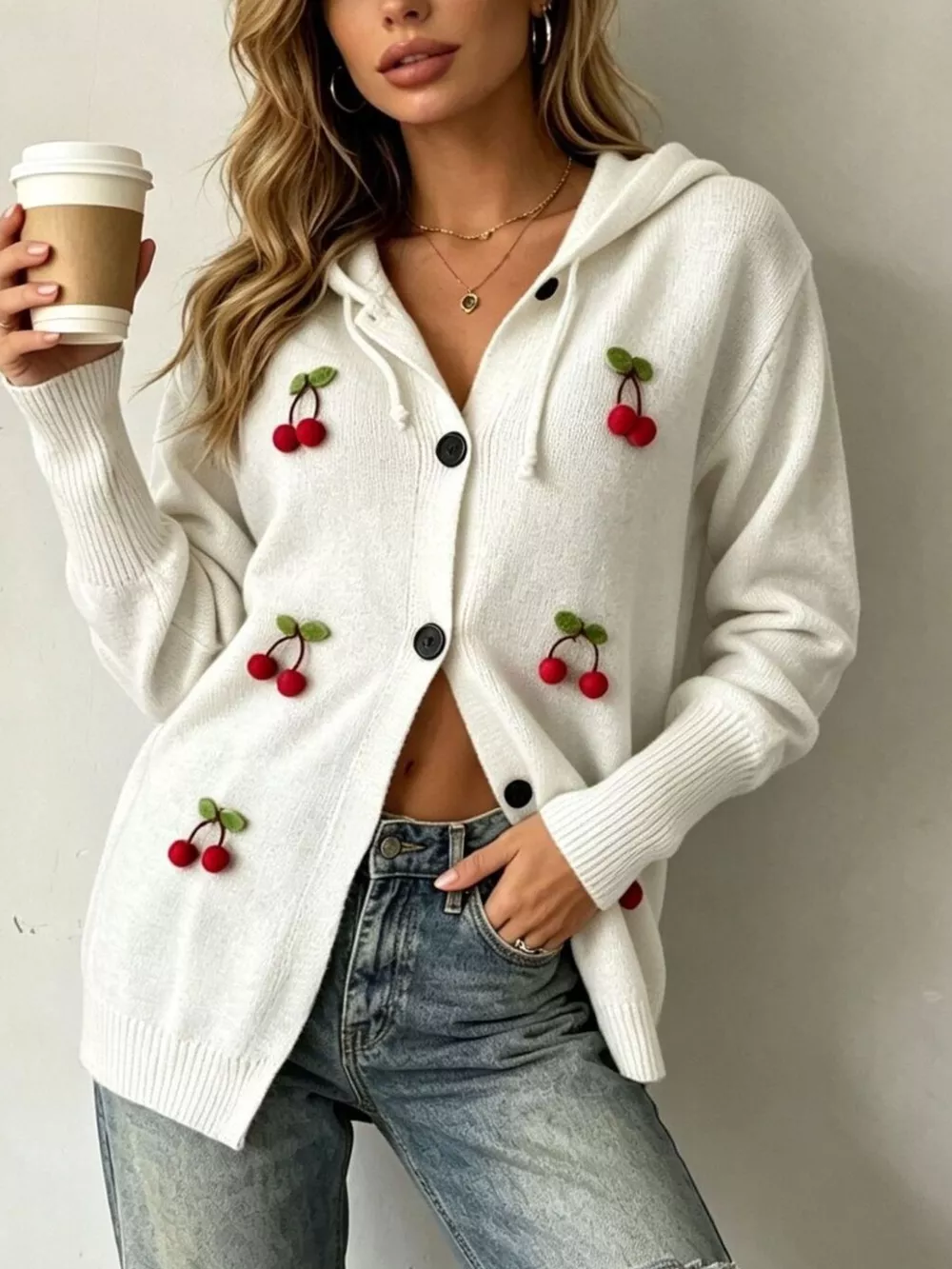 Full Size 3D Cherry Applique Hooded Cardigan Plus Size, image 2
