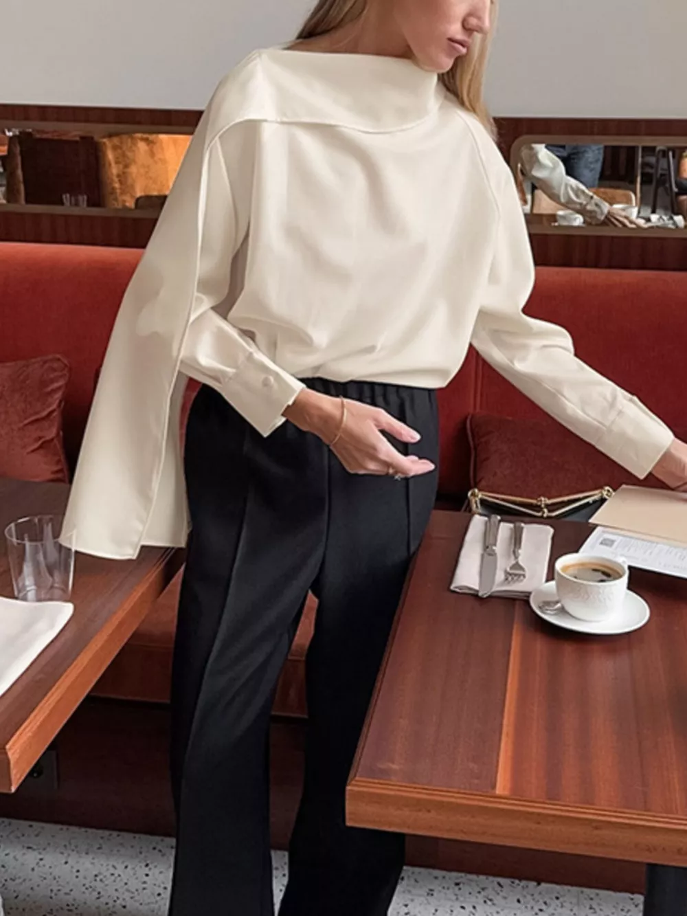 Asymmetrical High Collar Long Sleeve Blouse, image 8